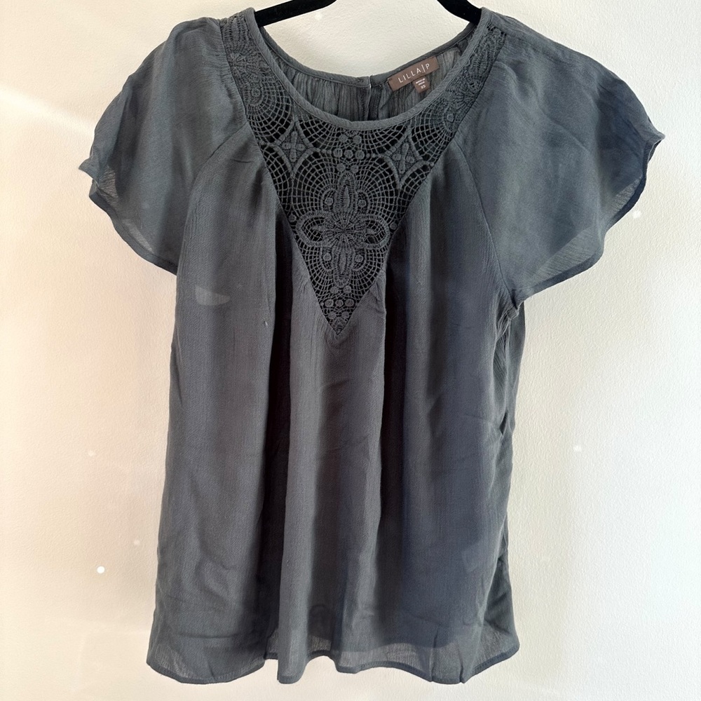 Women’s Lilla P grey/green, cotton blouse with beautiful embroidered design.